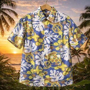 Kahala Hawaiian Aloha Shirt Blue Yellow Tropical Print SZ M